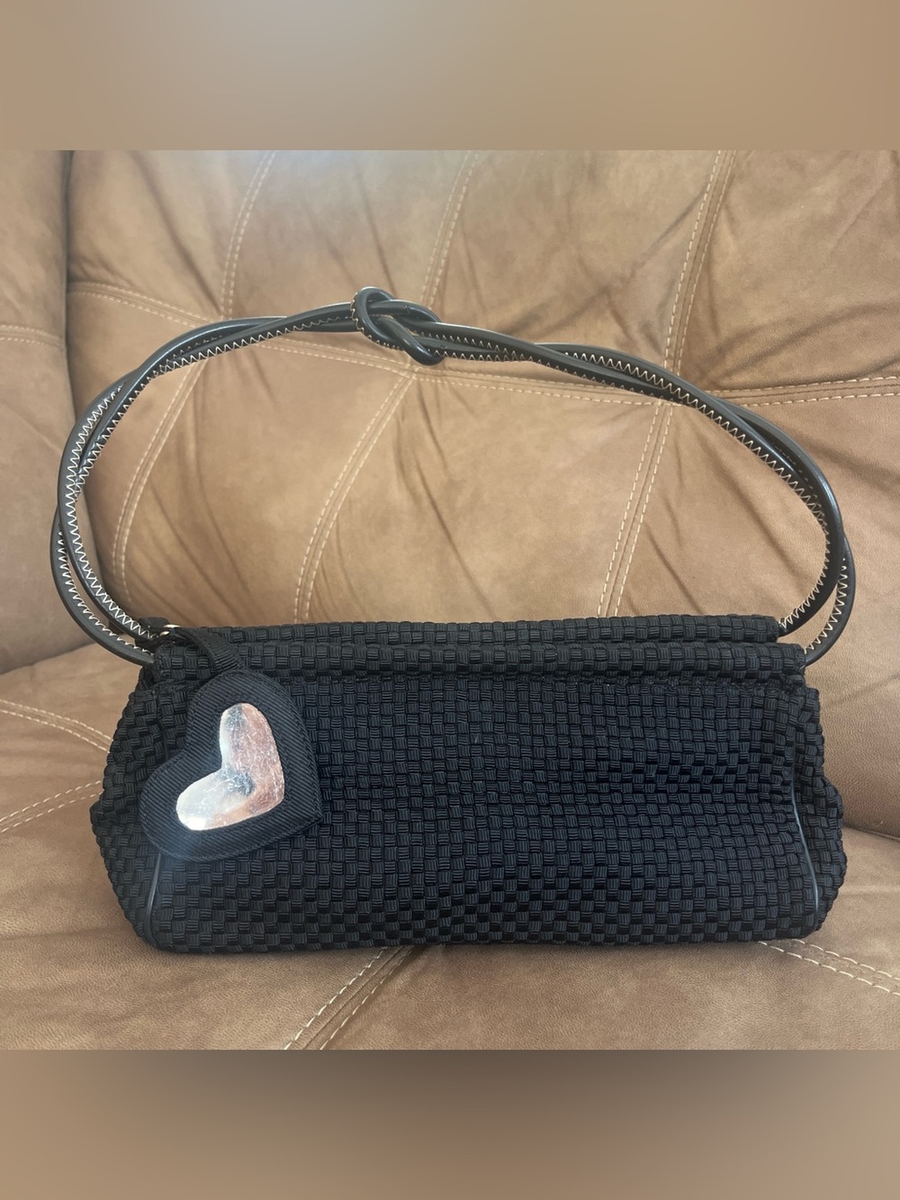 The Sak Black Woven Shoulder Bag with Heart Charm - Vintage 1990’s